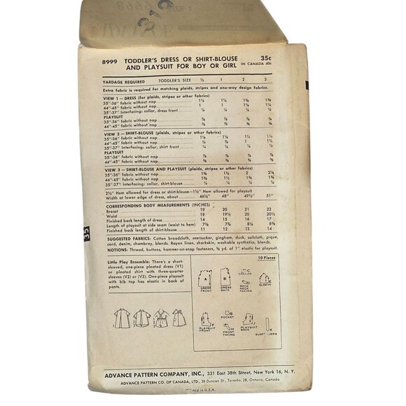 Vintage Advance Sewing Pattern Toddlers Dress & Play Suit Size 1 8999 1950s - Picture 3 of 3